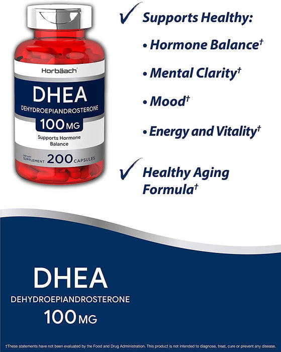 DHEA 100mg - 200 Capsules - Non-GMO, Gluten Free Supplement Horbaach