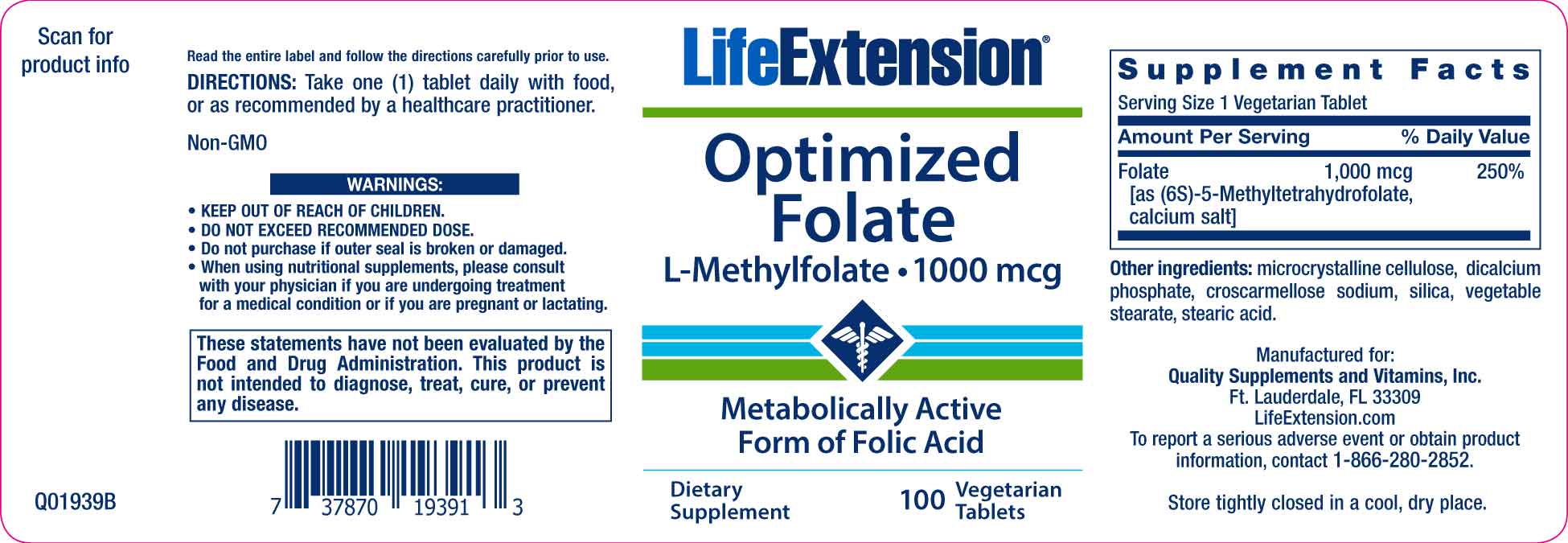 Life Extension Folato Otimizado (L-Methylfolate) - 100 Cápsulas Vegetarianas