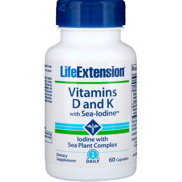 Life Extension, Vitaminas D e K com Iodo Marinho - 60 Cápsulas Vegetarianas